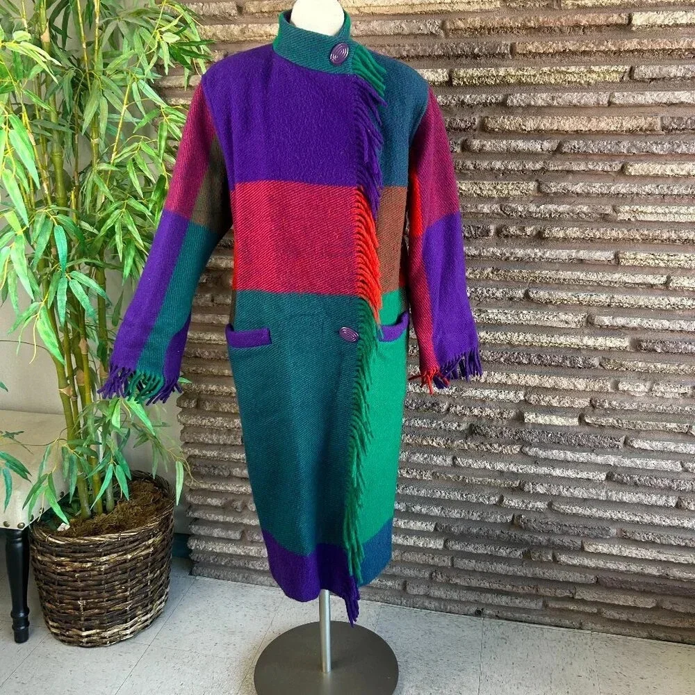 Vintage 80s Gallery Colorblock Melton Wool Blanket Coat With Fringe Size XS